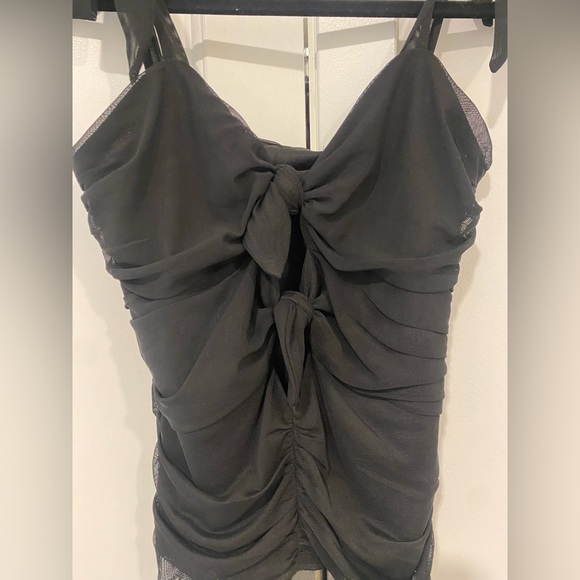 LuLus Eye On Me Black Mesh Tie-Front Ruched Bodysuit (MEDIUM) - Picture 9 of 10